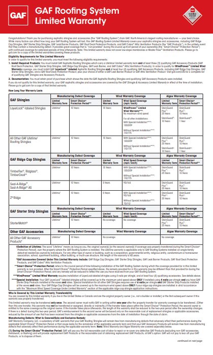 GAF Roofing System Limited Warranty